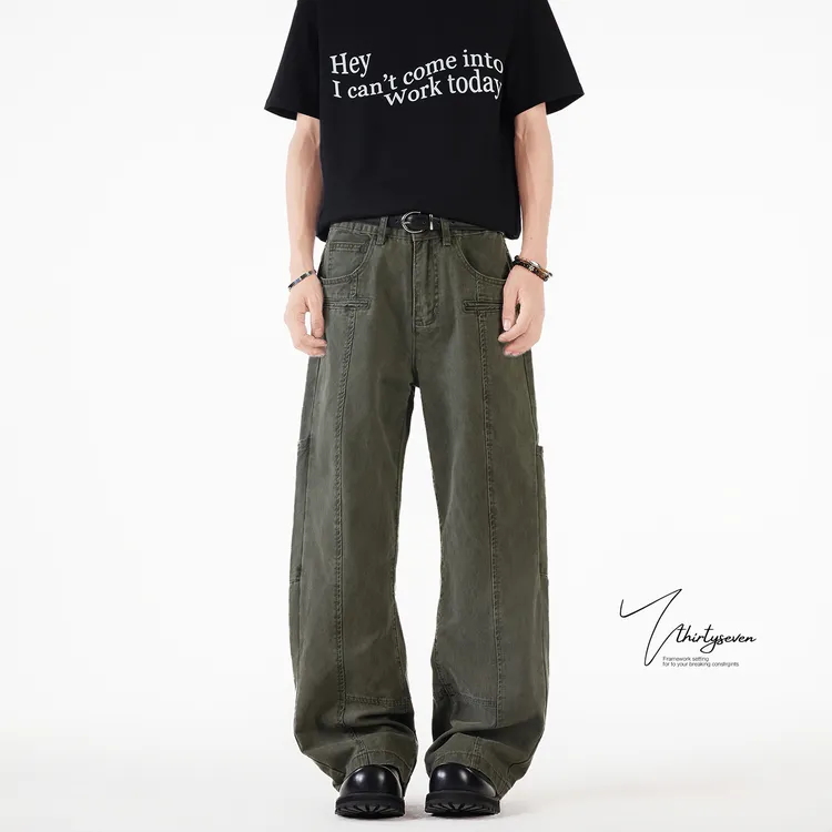 V37美式军绿色解构拼接弯工装裤男秋季高街vibe休闲直筒长裤子