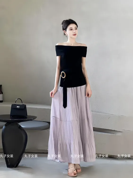 女装夏装套装2025新款爆款法式温柔显锁骨一字肩上衣松紧腰半身裙