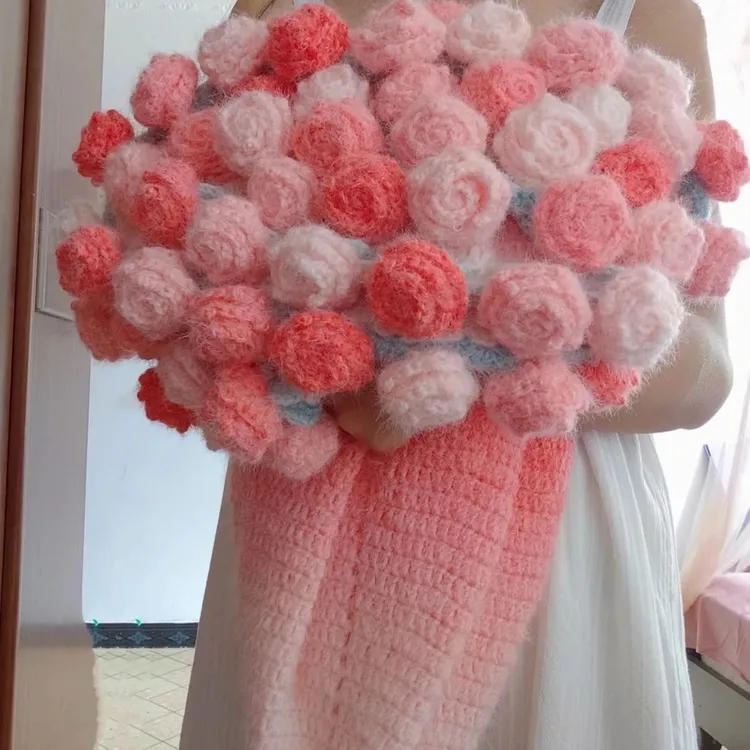 渐变绒毛毛线玫瑰花束毯子diy手工编织七星花束毯针织花束毯披肩