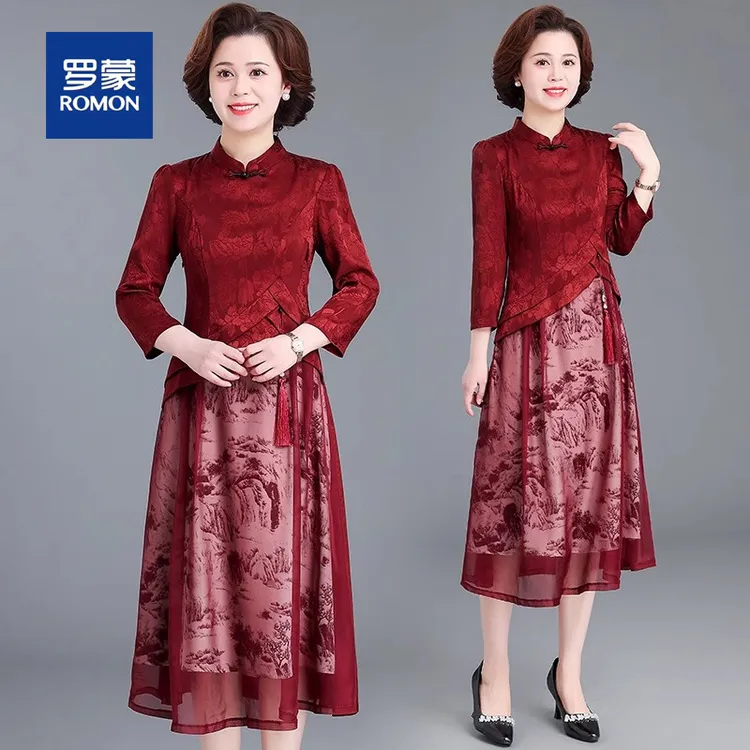 罗蒙喜婆婆婚宴装旗袍连衣裙女中老年女春秋装结婚妈妈礼服裙子