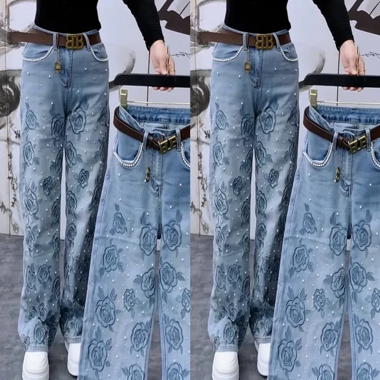 早秋新款刺绣钉珠高腰腰阔腿直筒宽松牛仔裤裤子（裤长约103厘米）