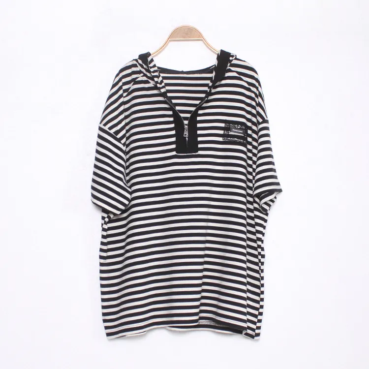 时尚T恤夏季新款爆款大码宽松显瘦休闲百搭 潮牌条纹棉质连帽上衣
