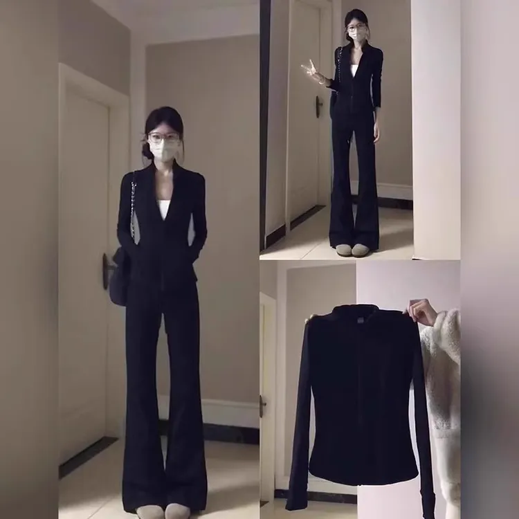 黑色瑜伽服运动套装女2025新款休闲健身服骑行服韩系早秋季穿搭薄
