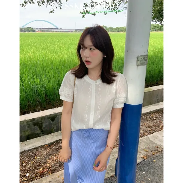 KMZY/KMZY山_山【温柔简信】微胖女装韩系百搭温柔刺绣棉布短袖衬衫