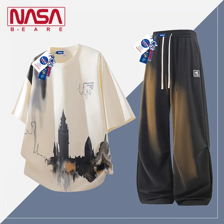 NASA联名潮牌美式短袖套装男夏季冰丝宽松情侣运动T恤男士两件套