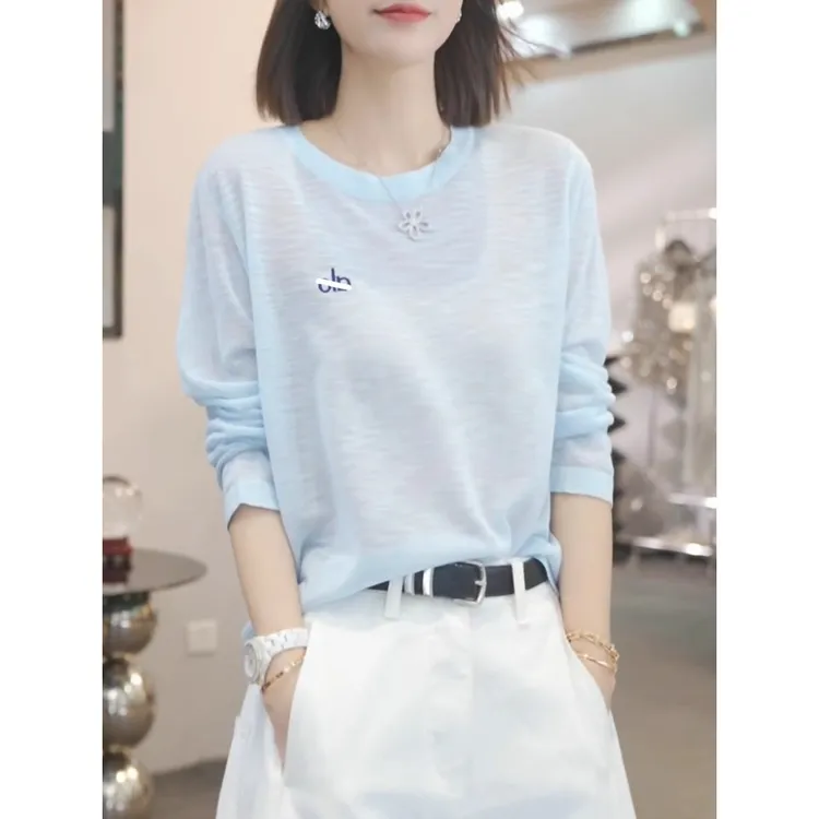 蓝色高级感防晒衣t恤女2025年夏季新款薄款罩衫宽松慵懒长袖上衣