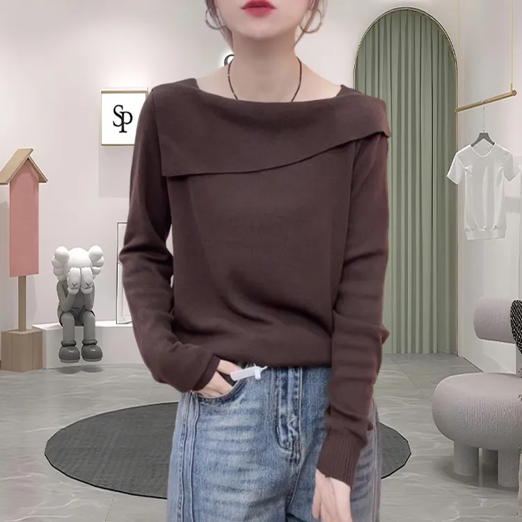 韩版ins一字翻领针织长袖T恤女2025早秋新款百搭休闲显瘦上衣ins