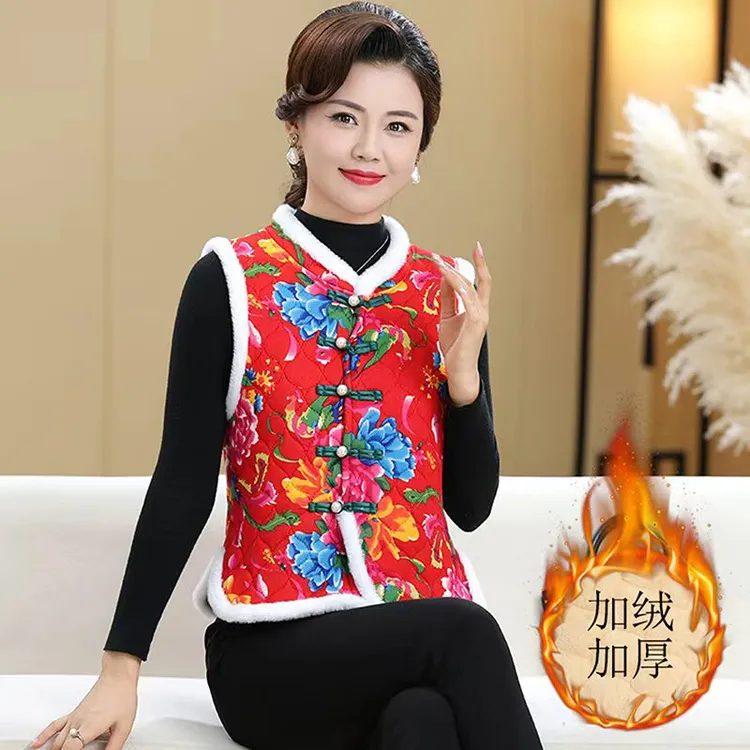 东北大花保暖民族风宽松型女马夹加绒女士大码秋冬季