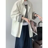 绱品早秋新款韩系撞色格子翻边袖中短款风衣外套碳灰色百搭 25273