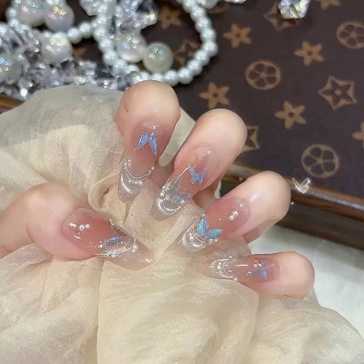 【仙气】ins风仙气蓝蝴蝶猫眼纯手工穿戴甲腮红美甲高级显白甜酷风