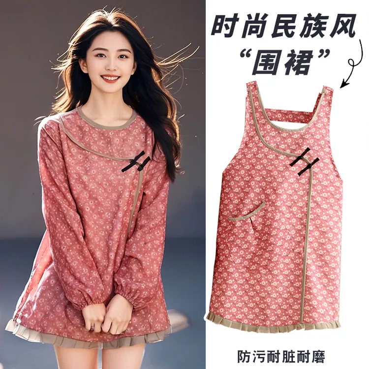 民族风帆布罩衣耐磨长袖做饭围裙厨房家用围腰女士餐饮上班工作服
