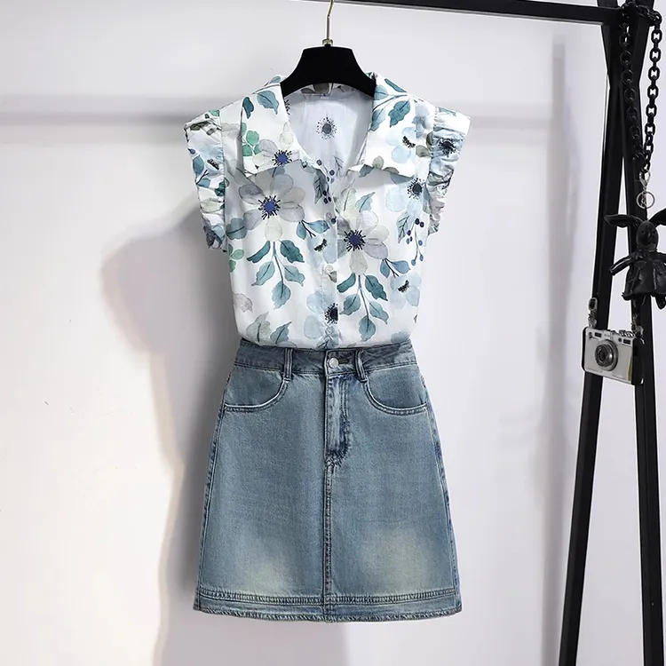 拉夏贝尔时尚百搭碎花衬衫短裙套装女2025夏季轻奢高级感独特套装