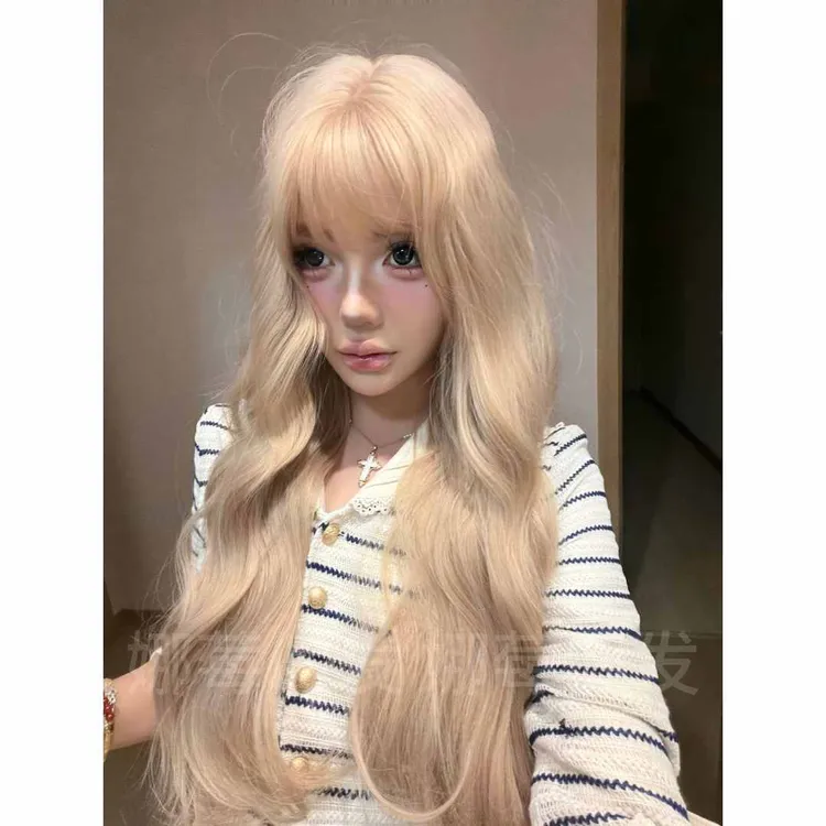 kuku定制【芭比齐刘海】米金色蛋蛋卷齐显白氛围感女生全头套假发