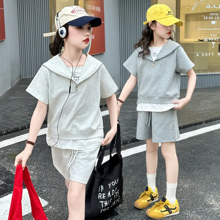 女童撒银短裤套装夏季洋气海军领短袖俏皮女孩薄款两件套百搭套装