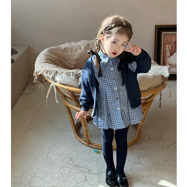 壹妈童装女童秋装套装儿童时髦学院风针织开衫外套蓝色格子衬衫裙