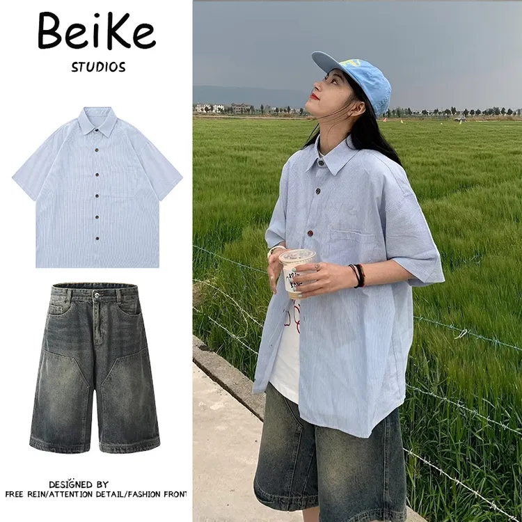 两件装/单件日系蓝色短袖衬衫男女学生夏季设计感小众薄宽松情侣