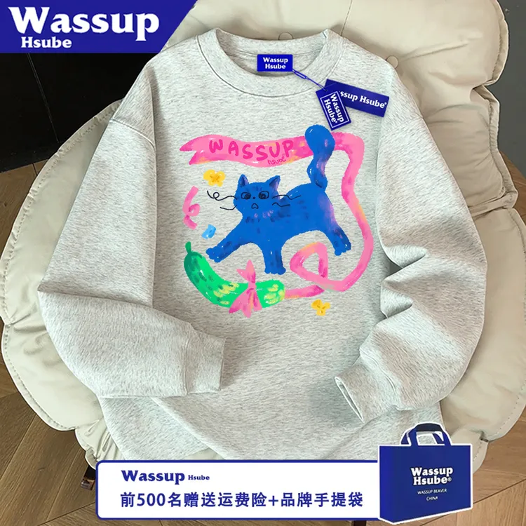 WASSUP HSUBE美式长袖秋冬百搭潮流休闲画笔猫咪宽松印花情侣上衣