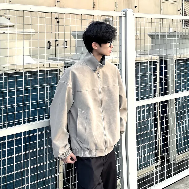 LIGGICC 春秋新款扎染PU皮美式复古立领皮衣夹克宽松百搭情侣外套