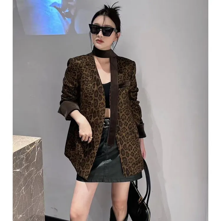 单排扣绒面豹纹飘带西装外套女2025春季新款宽松显瘦V领西服上衣