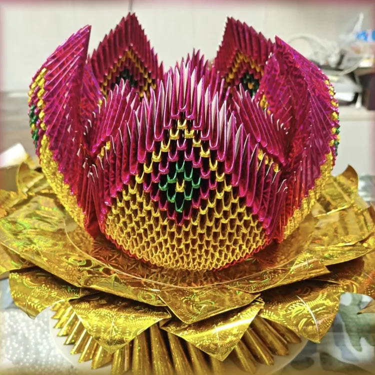七彩莲花聚宝盆折纸手工半成品莲花片祈祷祝福金叶莲材料包送教程