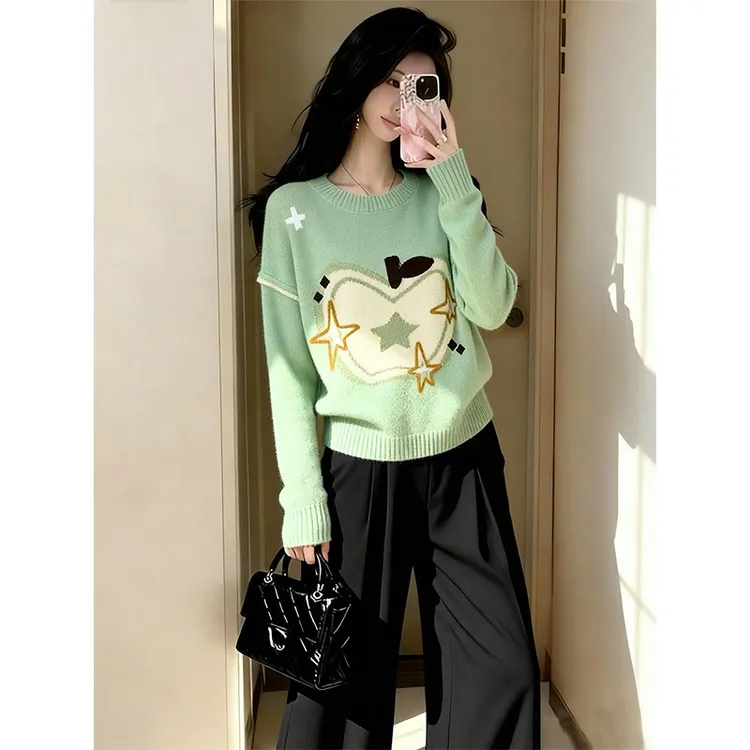 巨好看的冬装一整套韩系休闲减龄慵懒风苹果提花针织衫阔腿裤套装