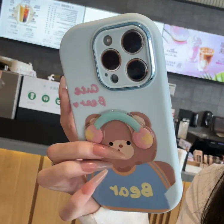 立体耳机小熊适用苹果17手机壳iPhone16/15大胖子14可爱13男女12