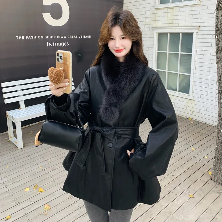 千金风狐狸毛围脖系带收腰羽绒内胆皮衣外套女冬高级感气质中长款