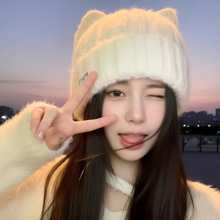 可爱猫耳朵毛线帽子女秋冬包头保暖护耳毛绒帽针织显脸小家居日用