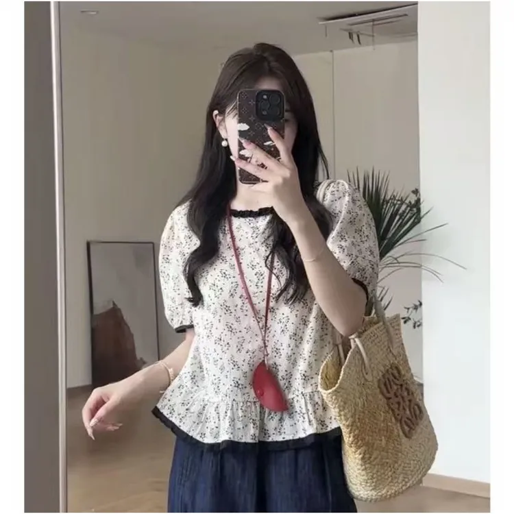 花乐集新款法式小资小上衣巨好看的宽松小衫气质碎花短袖衬衫