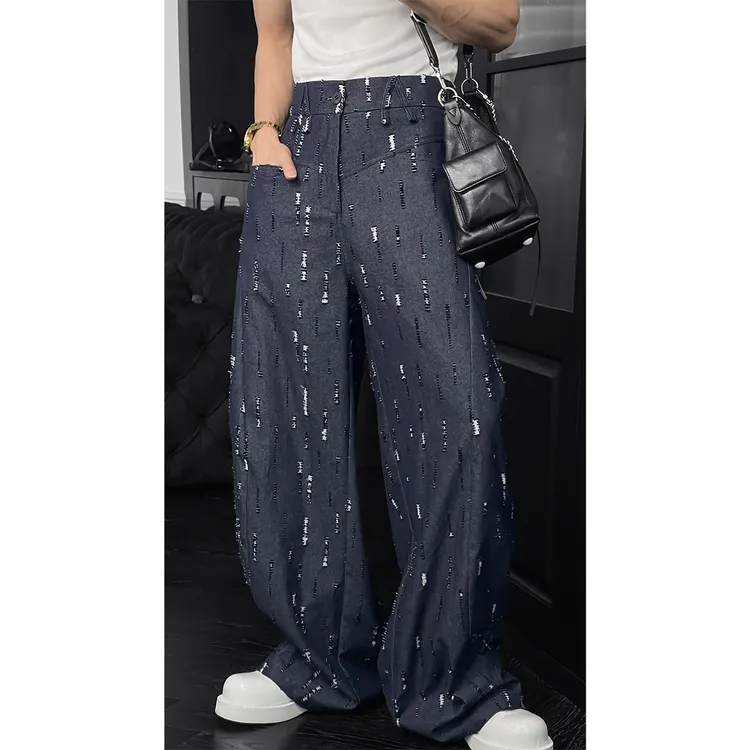 龙叨叨夏季新款潮流复古刮烂磨破设计感直筒弯刀宽松休闲裤