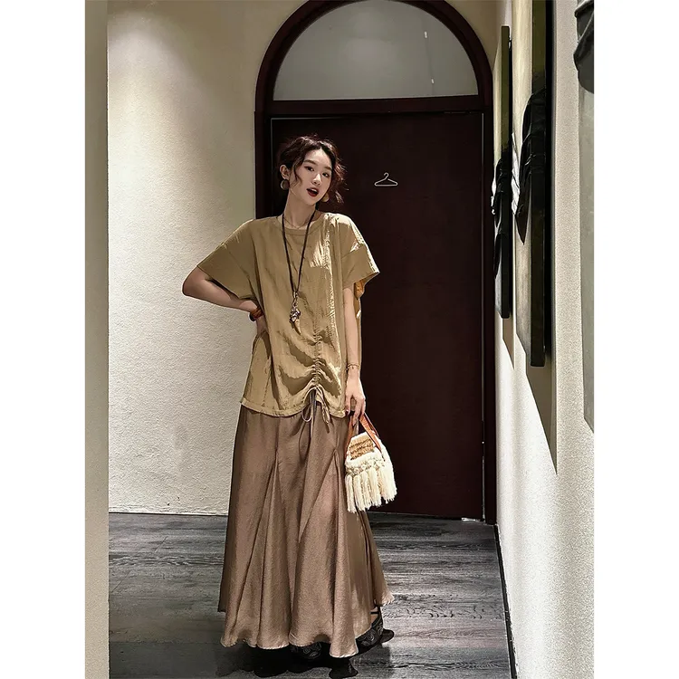 三吉黑花【素白】人丝拼接简约休闲鱼尾T裙2025初夏穿搭今年流行