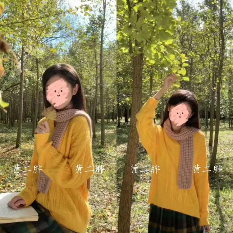 嫩黄色V领针织麻花毛衣女秋冬季韩系宽松慵懒显白上衣+格纹半身裙