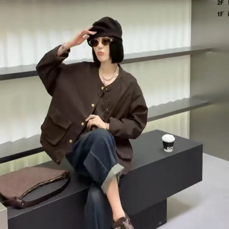 欧货圆领大兜休闲水洗牛仔外套女大码秋季新款高级感时尚夹克上衣
