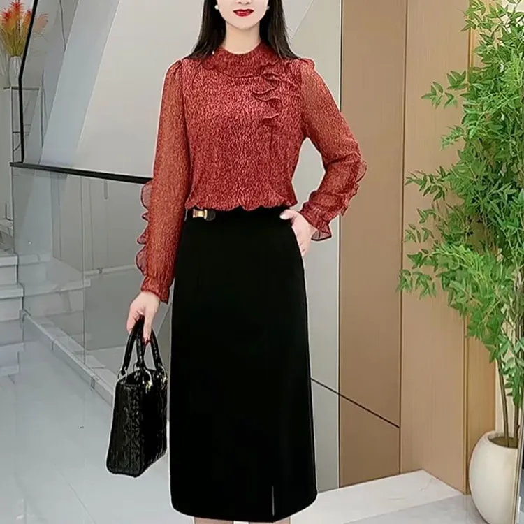 2025春季新款时尚洋气荷叶边拼接长袖假两件收腰显瘦中长款连衣裙