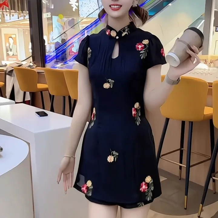 新中式国风碎花盘扣短袖上衣搭配短裤夏季套装