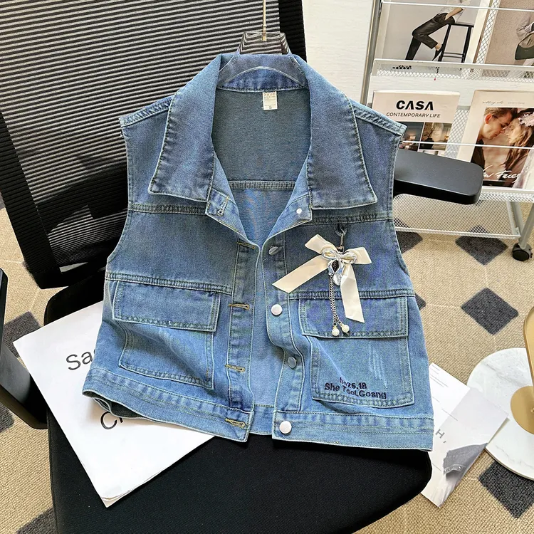 新款春秋季复古时尚蝴蝶结牛仔马甲女外套女宽松百搭休闲无袖马夹