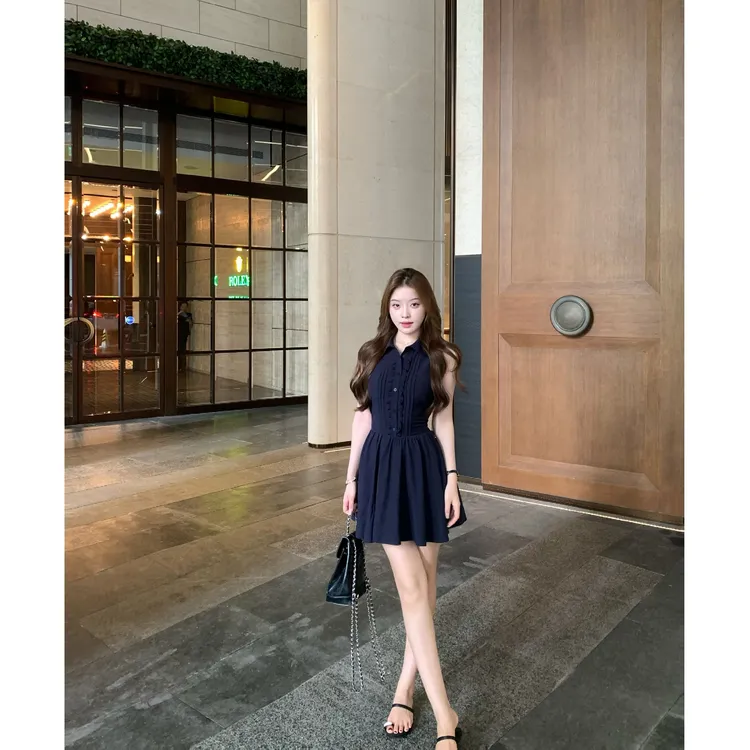 SZA【蓝调时光】夏季新款高级感气质显瘦无袖衬衫短款连衣裙A-2104