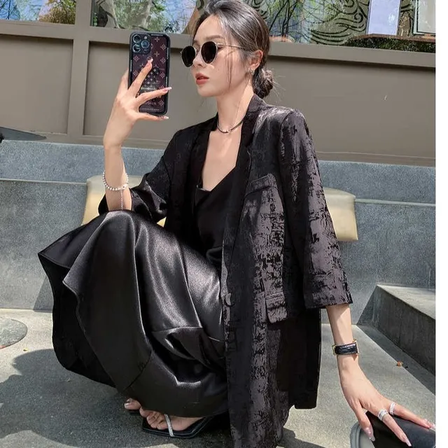 西装款夏季国风中式气质薄感女袖五分2024黑色外套新西服提花高级