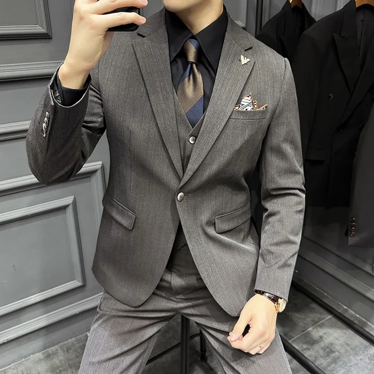 CATIA SELI高级感商务休闲西服套装男士英伦条纹一粒扣西装三件套