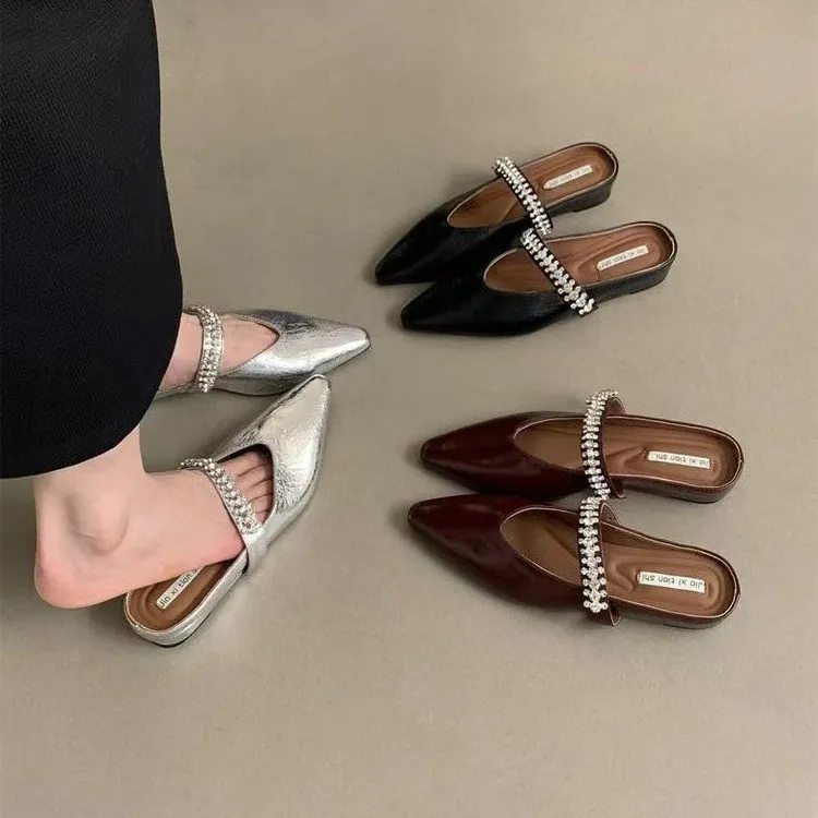 小个子内增高尖头穆勒鞋2025夏季新款厚底水钻带包头半拖鞋女外穿