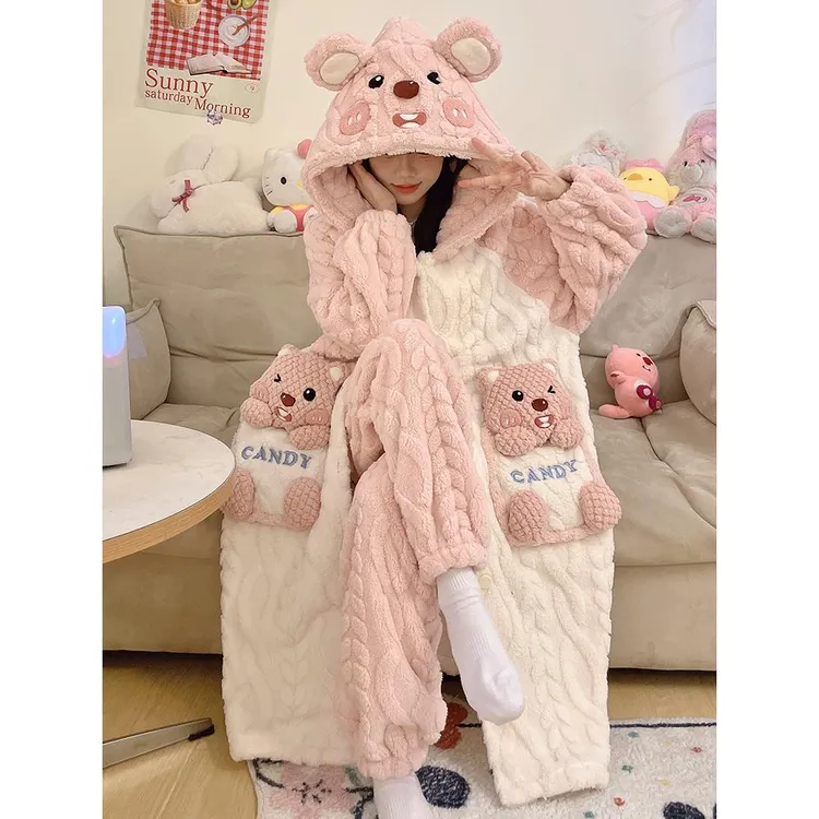 loopy海狸睡衣女秋冬季珊瑚绒加绒加厚法兰绒冬天浴袍睡袍家居服