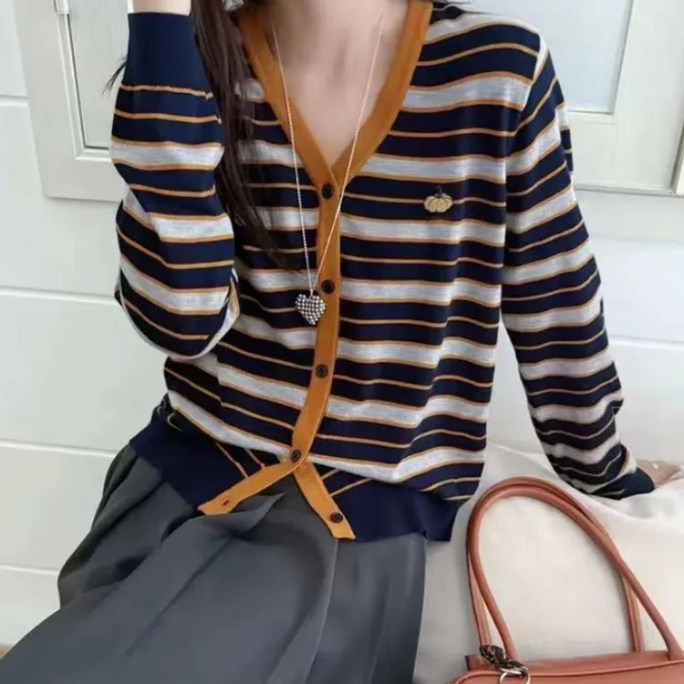 【丹姐家~橘条南瓜开衫~】百搭V领撞色羊毛针织开衫