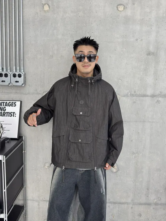 冬季新款工装双拉链连帽棉服男士潮牌痞帅棉衣户外二棉冲锋衣外套