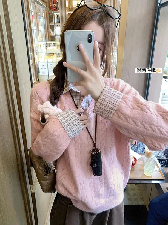 粉色少女设计感格纹拼接polo领针织衫女秋冬学院风假两件长袖毛衣