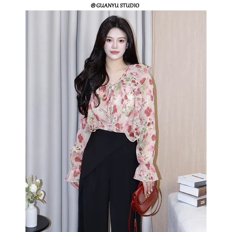 【仲夏繁花】蛋妹大码女装微胖mm秋季显瘦遮肉衬衫上衣DM26141