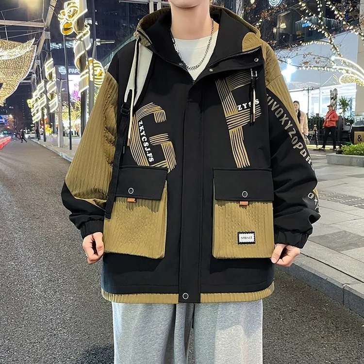 青少年夹克秋冬季新款男士连帽冲锋衣宽松百搭潮流时尚学生外套