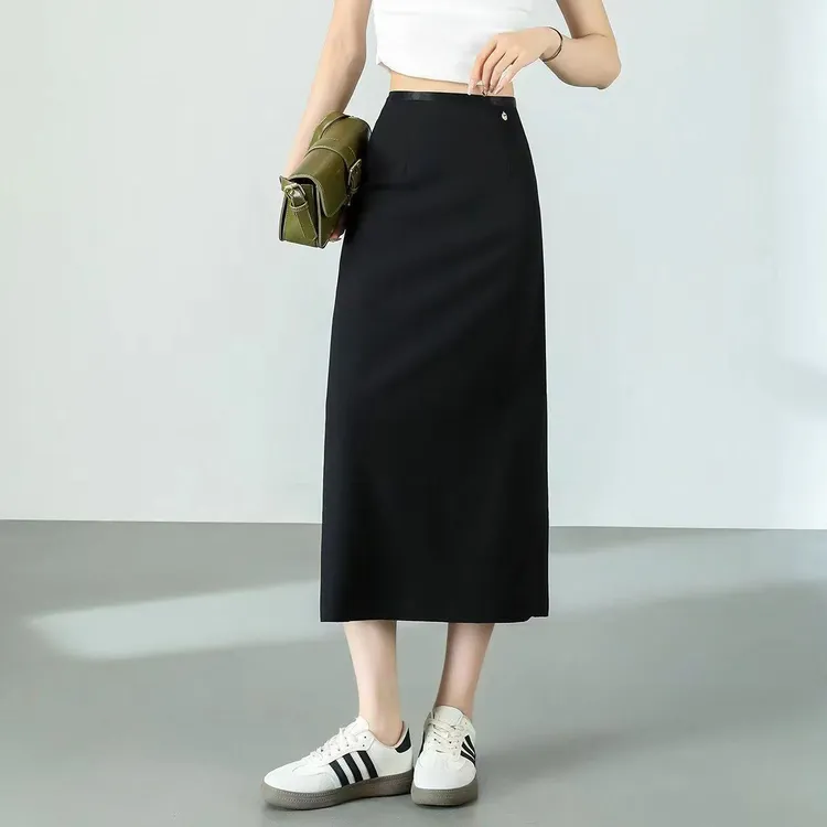 黑色秋冬高腰开叉中长款阔太太裙子夏款广州半身裙夏款上档次正品