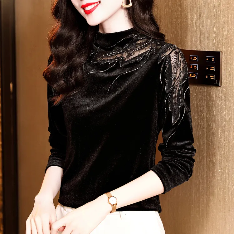 半高领金丝绒打底衫女内搭2025秋季新款烫钻小衫长袖T恤蕾丝上衣