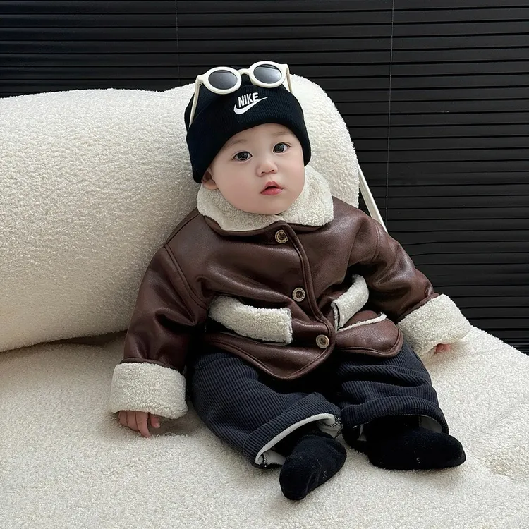 加绒外套秋冬装加厚帅气皮毛一体洋气宝宝时髦保暖羊羔绒衣服韩式