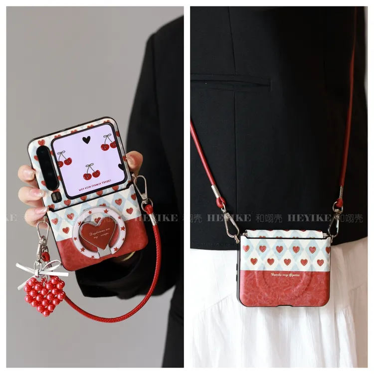 秋冬酒红爱心适用华为purax手机壳magicvflip2斜挎小米mixflip2新